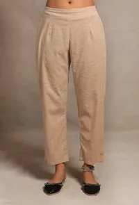 Set of 2: Ecru Hand Block Printed Sleeveless Kurta with Ecru Straight Fit Narrow Pants image 4