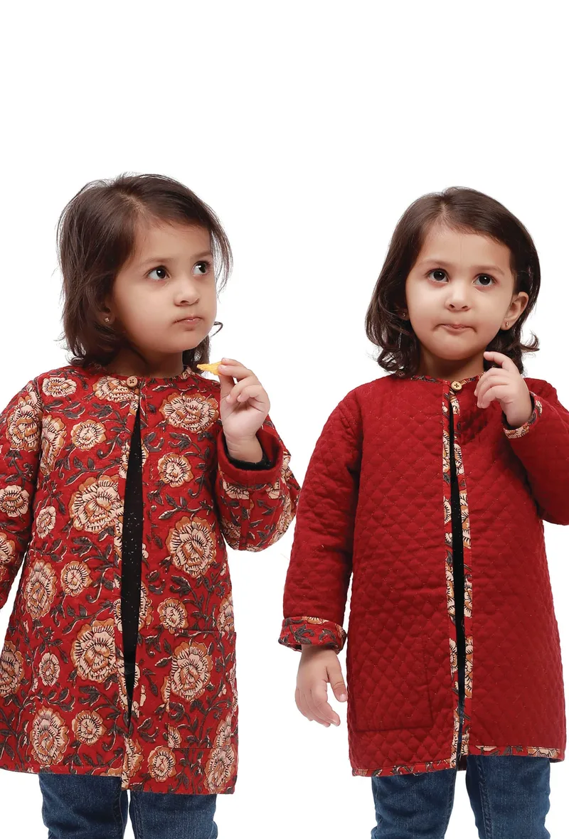 Red Kalamkari Print Quilted Reversible Jacket