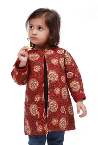 Red Kalamkari Print Quilted Reversible Jacket image 2