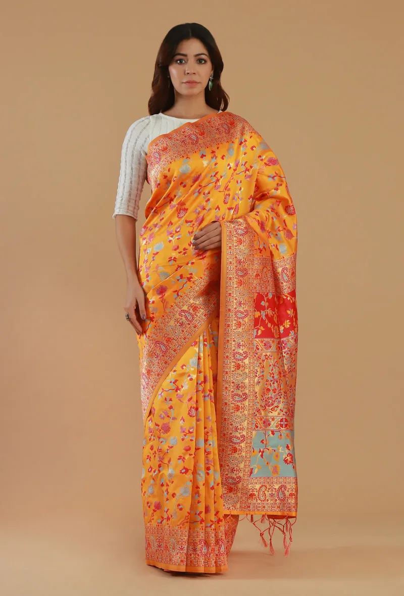 Sunshine Yellow Heritage Floral Silk Wool Saree with Unstitched Blouse