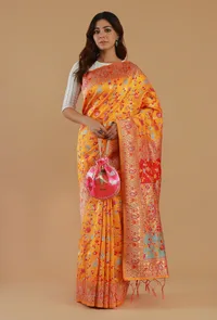Sunshine Yellow Heritage Floral Silk Wool Saree with Unstitched Blouse image 2