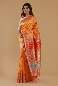 Sunshine Yellow Heritage Floral Silk Wool Saree with Unstitched Blouse image 5