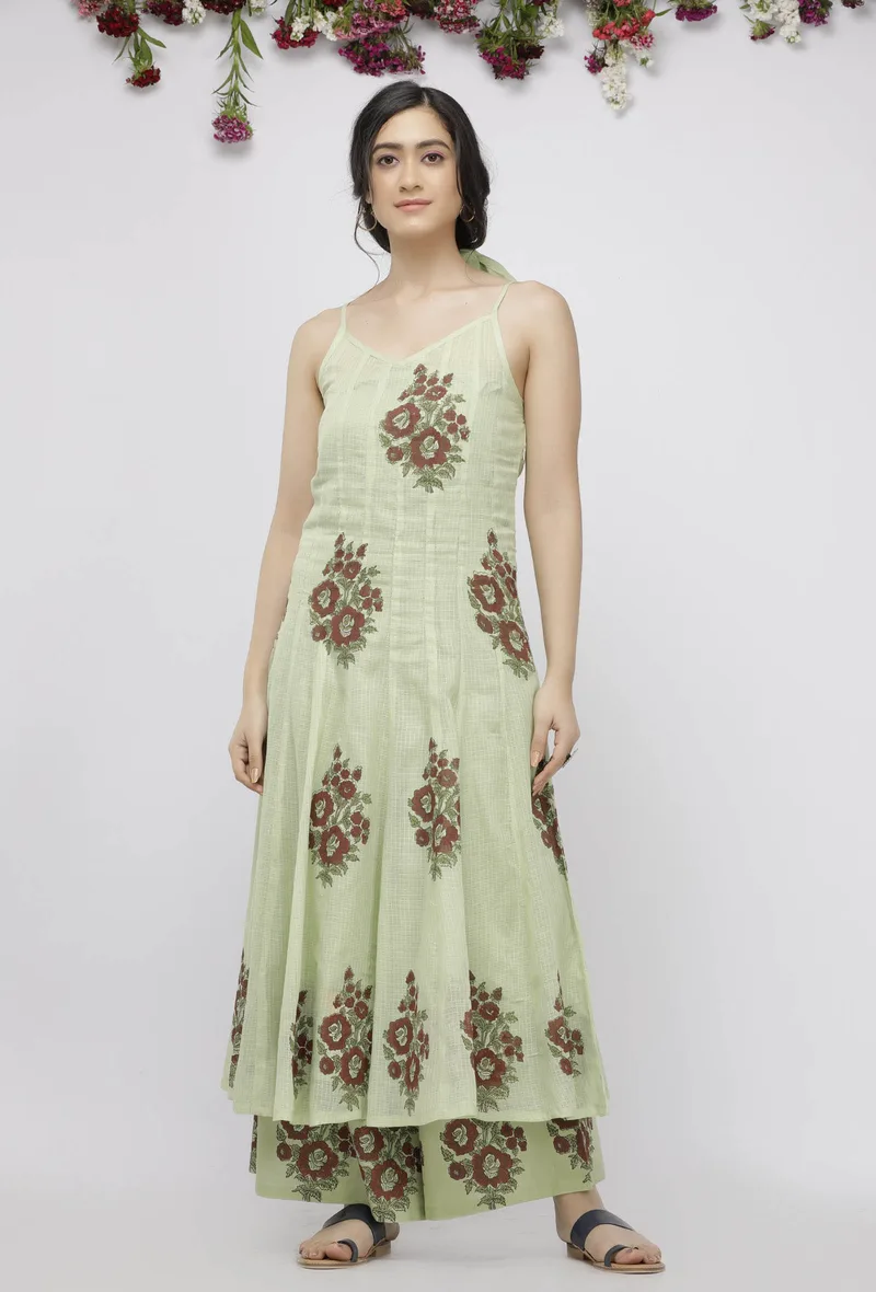 Light Green Hand-Block Printed Kota Kalidaar Kurta