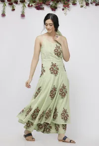 Light Green Hand-Block Printed Kota Kalidaar Kurta image 3