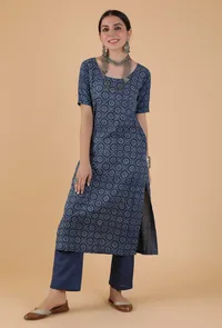 Set Of 2:Afsana Indigo Cotton Straight Kurta & Narrow Fit Pants image 1