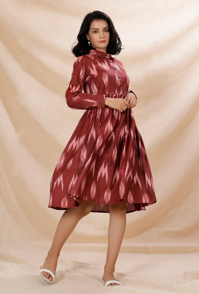 Maroon Cotton Gathered And Flared Ikkat Shirt Dress