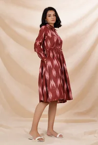 Maroon Cotton Gathered And Flared Ikkat Shirt Dress image 2