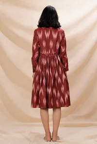 Maroon Cotton Gathered And Flared Ikkat Shirt Dress image 3