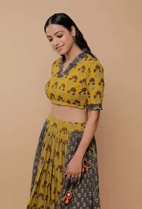 Yellow And Grey Handblock Printed Ajrakh Creative V Neck Blouse image 1