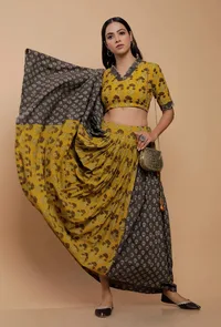 Yellow And Grey Handblock Printed Ajrakh Creative V Neck Blouse image 2