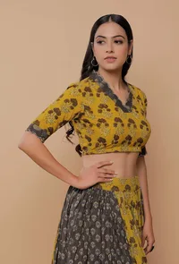 Yellow And Grey Handblock Printed Ajrakh Creative V Neck Blouse image 3