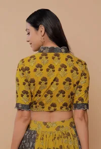 Yellow And Grey Handblock Printed Ajrakh Creative V Neck Blouse image 4