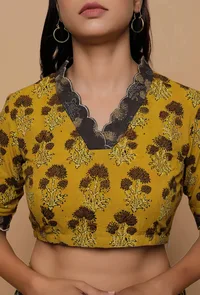 Yellow And Grey Handblock Printed Ajrakh Creative V Neck Blouse image 5