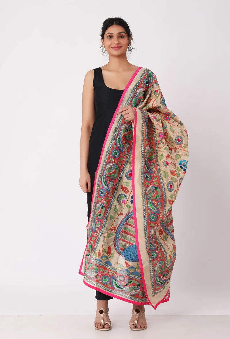 Urmila hand embroidered kantha silk dupatta