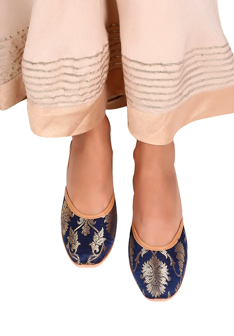 Navy Blue Brocade Genuine Leather Punjabi Jutti