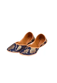 Navy Blue Brocade Genuine Leather Punjabi Jutti image 2