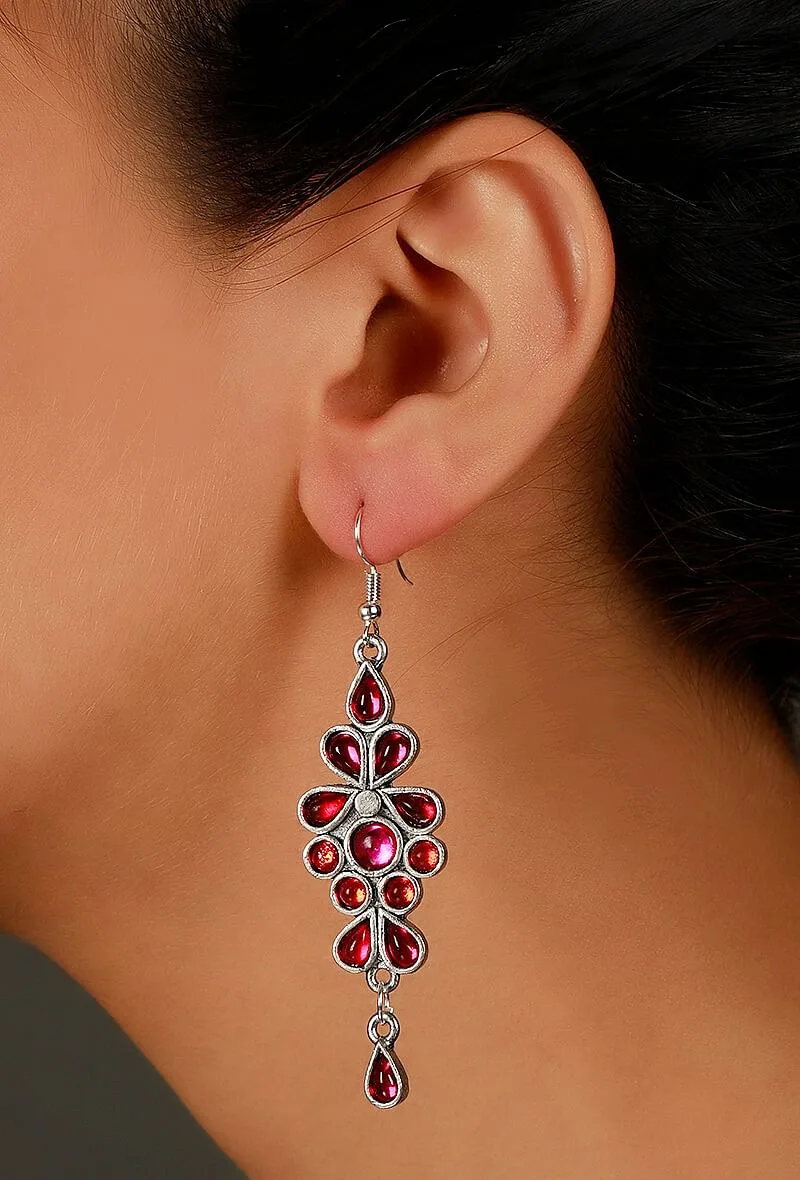 Pink-Red German Silver Afghan Earrings