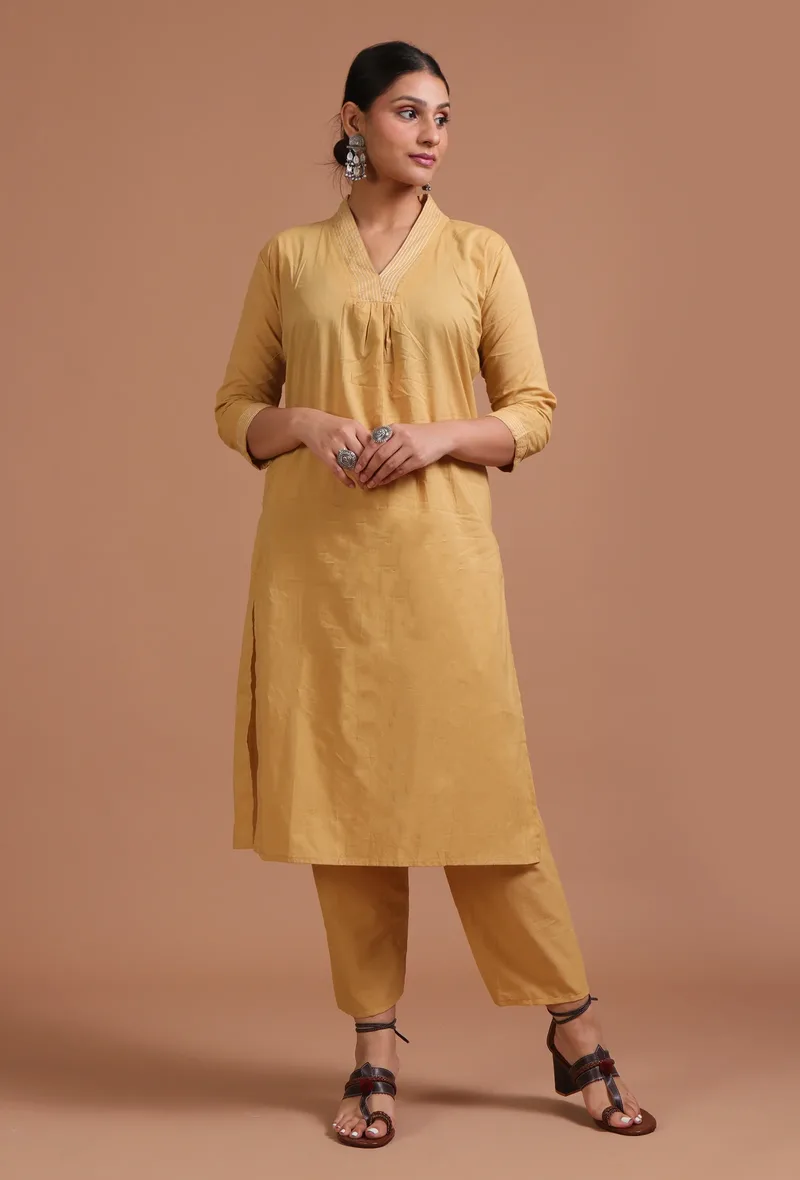 Set Of 2: Golden Cotton Solid Plain Kurta & Pant Set