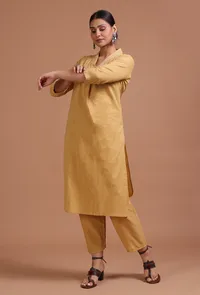 Set Of 2: Golden Cotton Solid Plain Kurta & Pant Set image 2