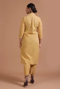 Set Of 2: Golden Cotton Solid Plain Kurta & Pant Set image 3