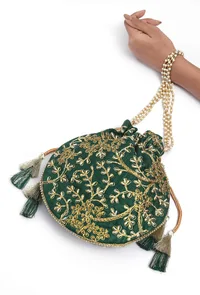 Emerald Green Embroidered Silk Potli image 1