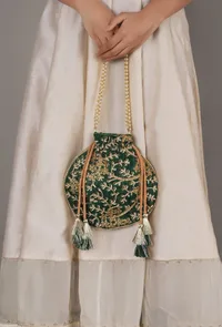 Emerald Green Embroidered Silk Potli image 2