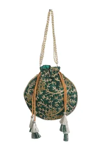 Emerald Green Embroidered Silk Potli image 3
