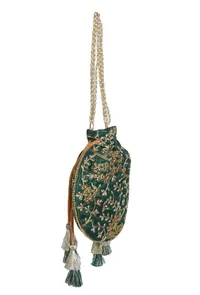 Emerald Green Embroidered Silk Potli image 4