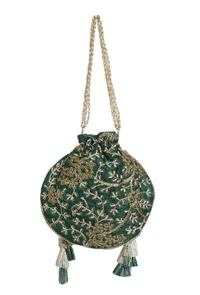 Emerald Green Embroidered Silk Potli image 5
