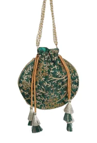 Emerald Green Embroidered Silk Potli image 6