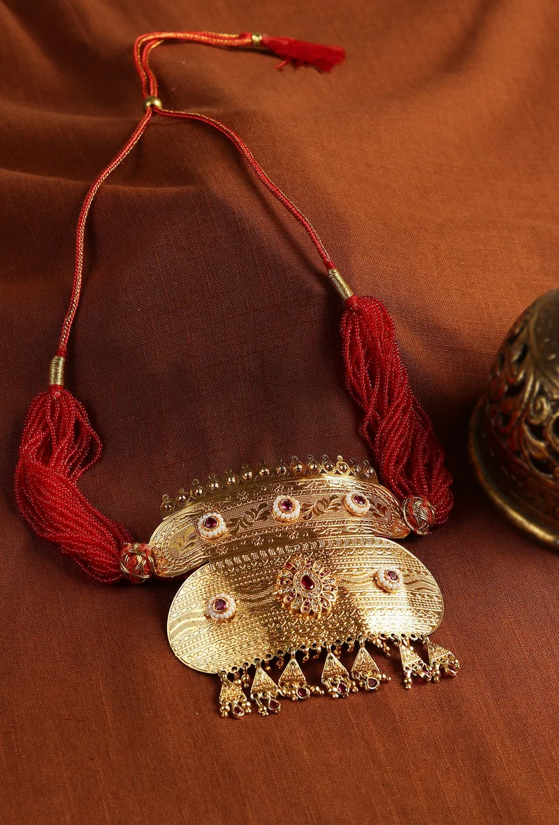 Rajwadi Ruby Beaded Gold Haar