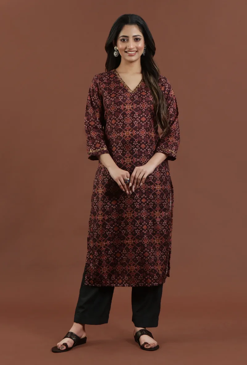 Elegant Rust Maroon Patola Inspired Printed Tussar Silk Straight Kurta