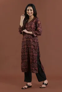 Elegant Rust Maroon Patola Inspired Printed Tussar Silk Straight Kurta image 2