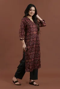 Elegant Rust Maroon Patola Inspired Printed Tussar Silk Straight Kurta image 3