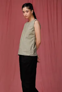 Moss Green Round Neck Linen Top image 4