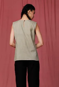 Moss Green Round Neck Linen Top image 5