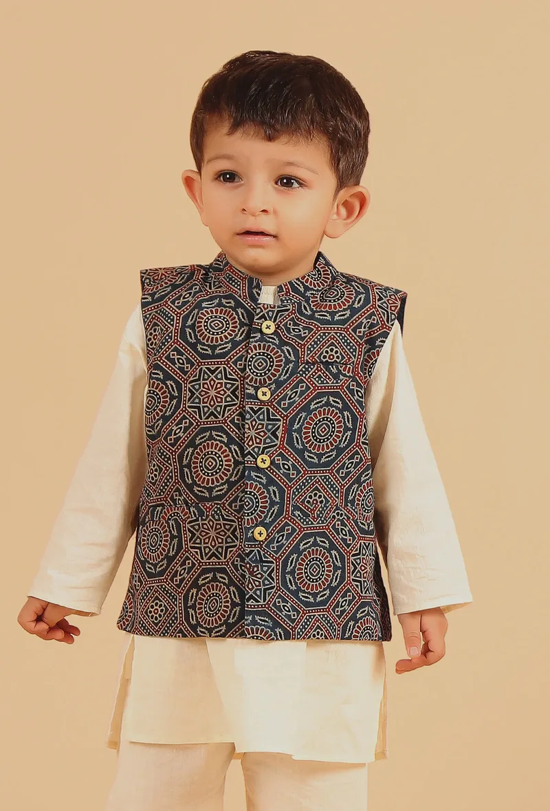 Taha Indigo Ajrakh Print Cotton Nehru Jacket