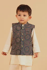 Taha Indigo Ajrakh Print Cotton Nehru Jacket image 1