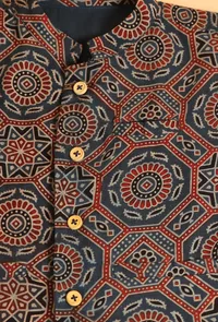 Taha Indigo Ajrakh Print Cotton Nehru Jacket image 4
