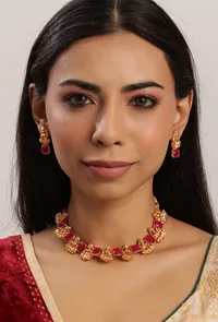 Divine Laxmi Devi Necklace With Square Stone Stud Earrings image 1