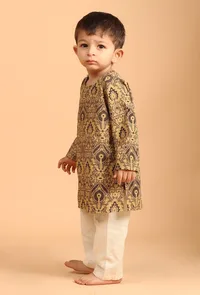Set Of 2: Azad Khaki Ajrakh Print Cotton Kurta & Off White Pyjama image 2