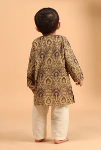 Set Of 2: Azad Khaki Ajrakh Print Cotton Kurta & Off White Pyjama image 3