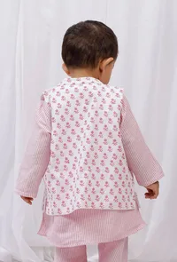 Pink Block Printed Floral Nehru Cotton Sleeveless Jacket image 2