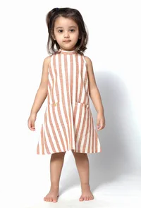 Enna Orange Stripes Halter Neck Cotton Dress image 2