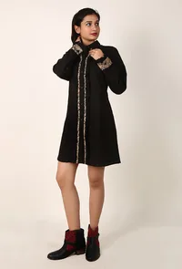 Black Ruffle Cotton Slub Shirt Dress With Kalamkari Cuffs image 1