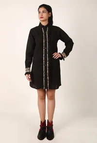 Black Ruffle Cotton Slub Shirt Dress With Kalamkari Cuffs image 2
