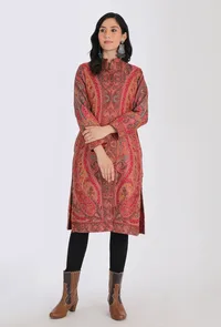 Waheeda vermalion red Kani Jamavar Long Coat Outer Jacket image 1