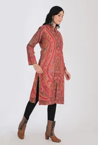Waheeda vermalion red Kani Jamavar Long Coat Outer Jacket image 2