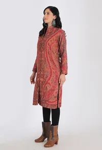Waheeda vermalion red Kani Jamavar Long Coat Outer Jacket image 3
