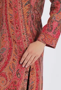 Waheeda vermalion red Kani Jamavar Long Coat Outer Jacket image 6